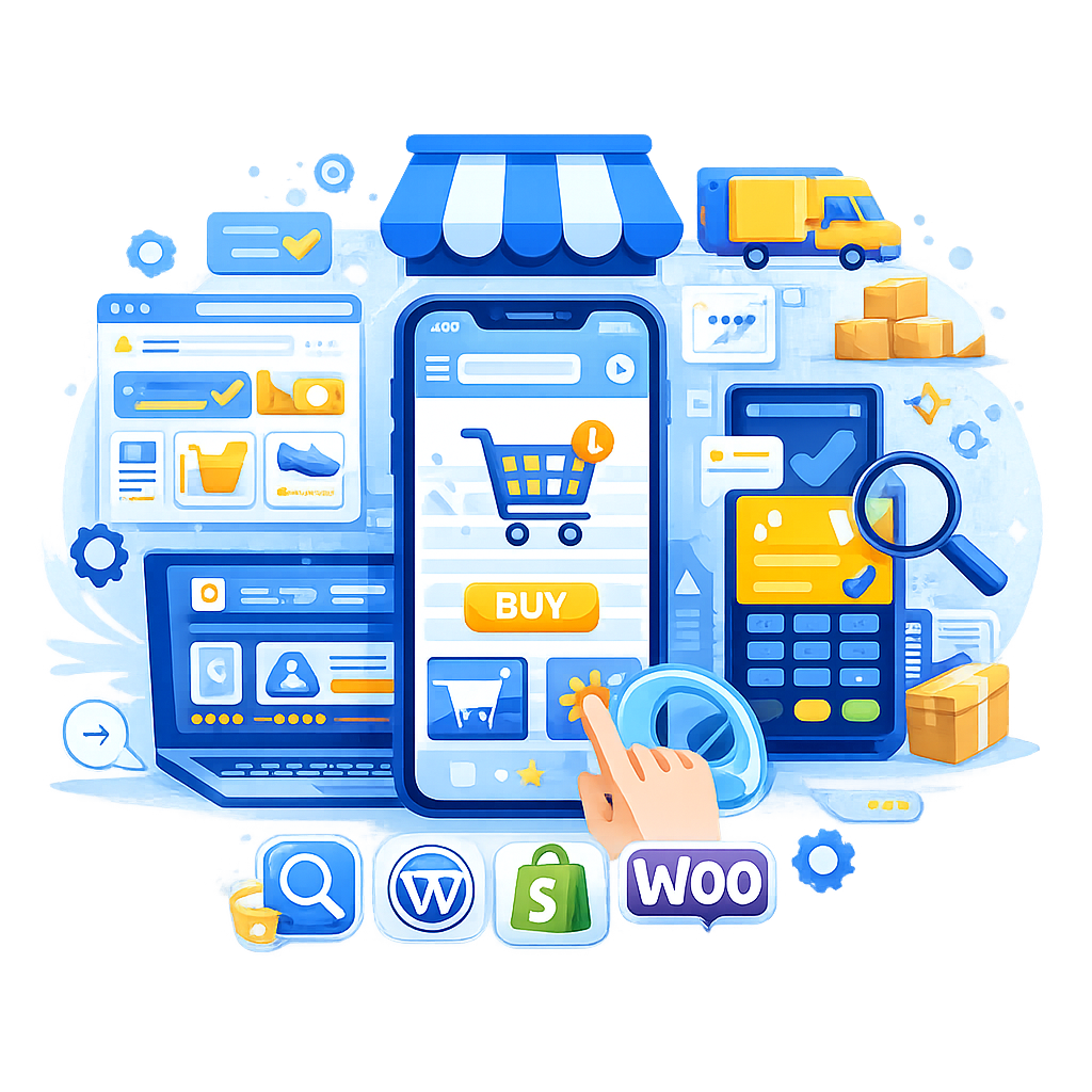 eCommerce development services building scalable online stores with secure payments, shopping cart, and modern UI